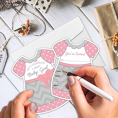 Vista 5 de REWIDPARTY Invitaciones temáticas para baby shower con sobres y calcomanías (juego de 15) invitaciones de relleno en forma de falda rosa para niñas