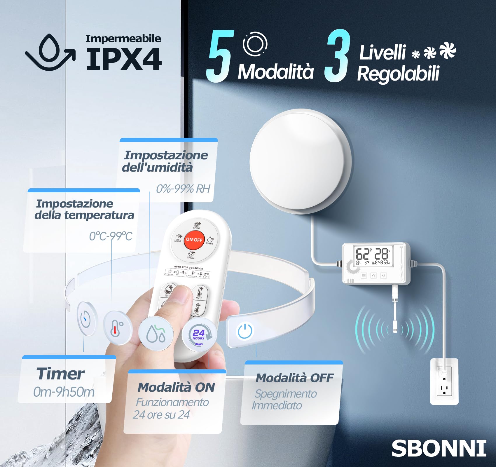 Aspiratore Bagno 100mm 3 Velocità, Ventola Aspirazione con Sensore di Umidità Temperatura Timer Telecomando, Silenzioso Potente Ventilatore Bagno Cucina Cantina, Estrattore Aria P109