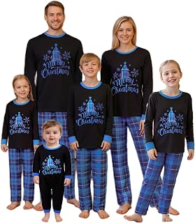 Christmas Family Pajamas Matching Sets Long Sleeve Top Plaid Pant Holiday Sleepwear Sets