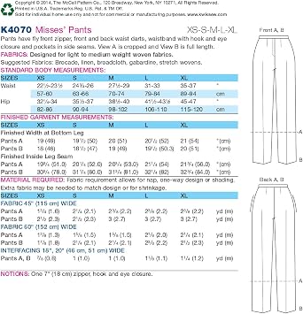 KWIK-SEW PATTERNS K4070 Misses' Pants