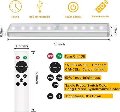 Miniatura 5 de Luz LED para armario, 20 LED, recargable, control remoto, luz debajo del gabinete, iluminación inalámbrica, barra de luz nocturna en cualquier lugar