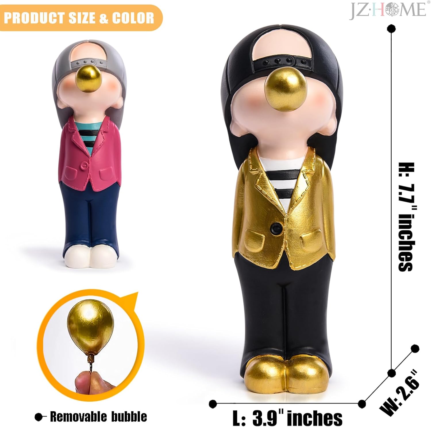 Figurines Home Decor, Blowing Bubble Cute Statue Resin Funny Small Sculpture Tabletop Ornaments for Living Room Bookshelf Decor (Black/Gold)