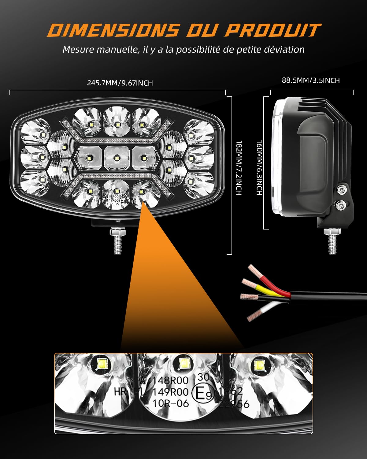 CO LIGHT Feux LED 10 Pouces 150W 35000LM Spot Flood Combo LED Camion Longue Portée avec Feux De Jour Ambre et Blanc Phare de Travail pour Camion 4x4 Tracteur BTP 12V 24V Certifié IP68 ECE 2 pièces