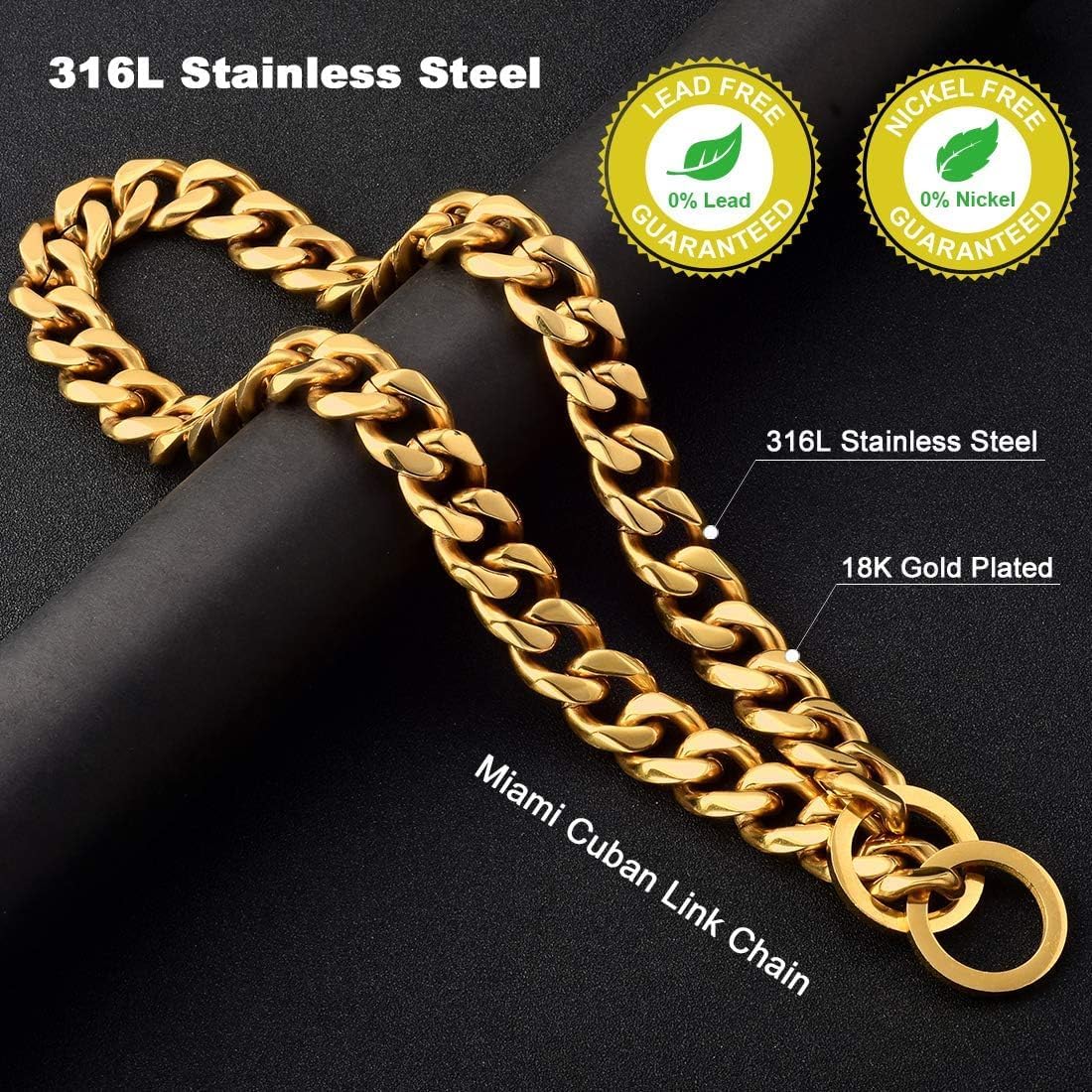 Durable Walking Dog Training Collar 15mm Strong Stainless Steel Cuban Link Slip Choker Chain for Pitbull German Shepherd and Medium Large Dogs (30inch (Fits Dogs Neck 26in-28in), Silver and Gold)