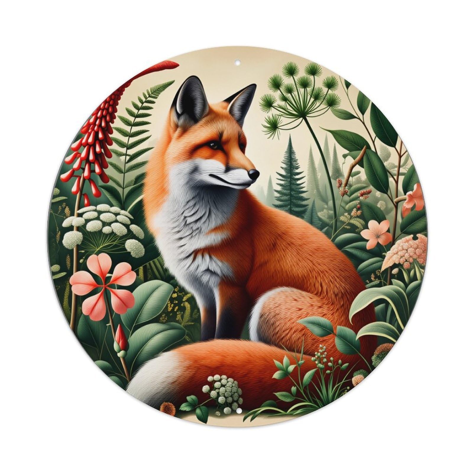 Fox Forest Floral Pattern Print Round Tin Sign Vintage Style Metal Sign Home Bar Garden Wall Plaque Decor Metal Poster 8x8 Inch