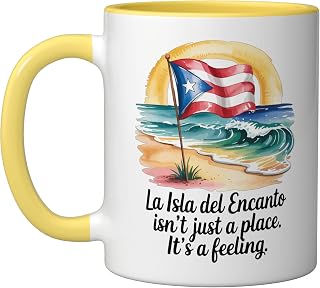 Puerto Rican Beach Scene with Flag. Isla del Encanto Ceramic Mug, Yellow/White