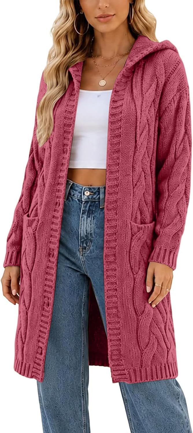 Women's Cable Knit Open Front Cardigan Sweaters Hooded Outerwear