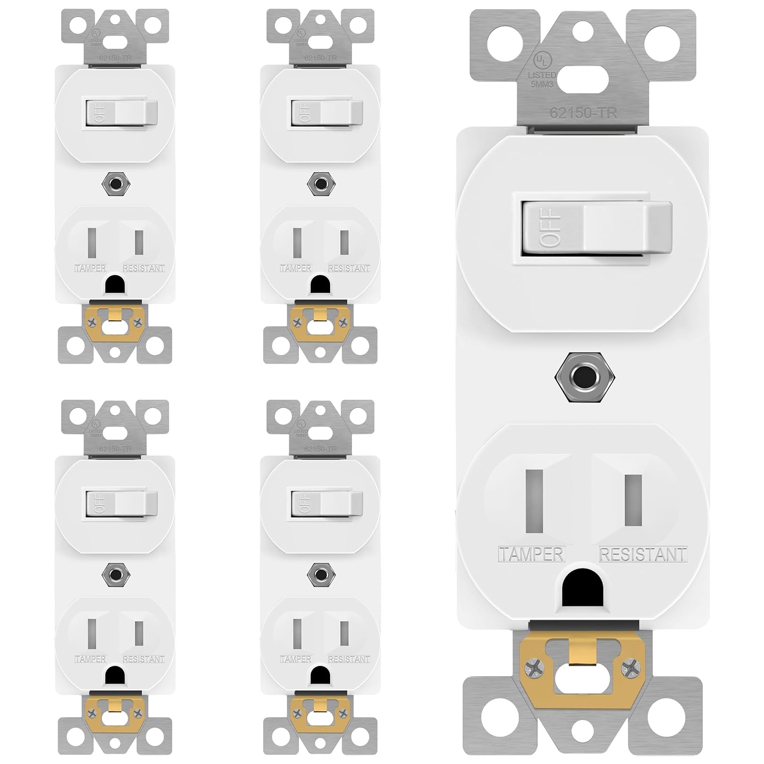 ENERLITES Combination Single Pole Toggle Switch 15A/120VAC and Tamper-Resistant Receptacle 15A/125VAC, Residential Grade, UL Listed, 62150-TR-W, White, 5 Pack