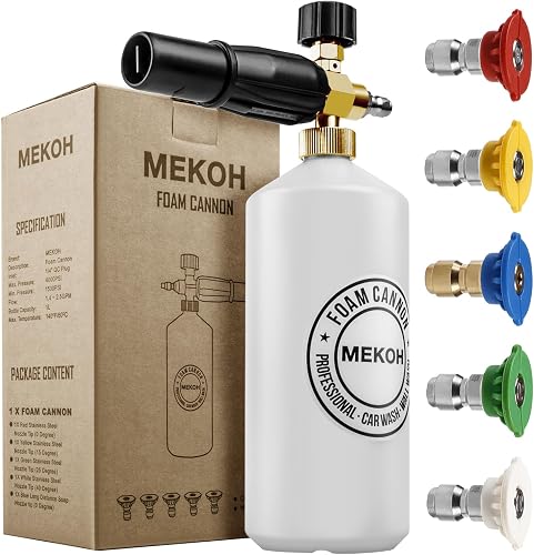MEKOH 1 Liter Adjustable Foam Cannon Snow Foam Lance with 1/4" Quick Connector 5 Pressure Washer Nozzles for Car Detailing Cleaning White