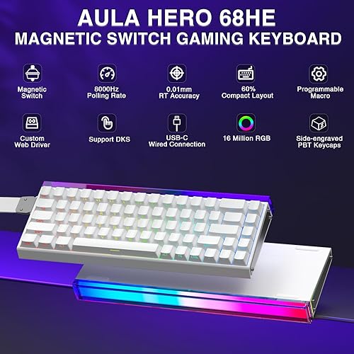 Miniatura 2 de AULA Hero 68 HE 60% Teclado para juegos con cable, interruptor magnético de efecto Hall con accionamiento ajustable, modo de disparo rápido, tasa de