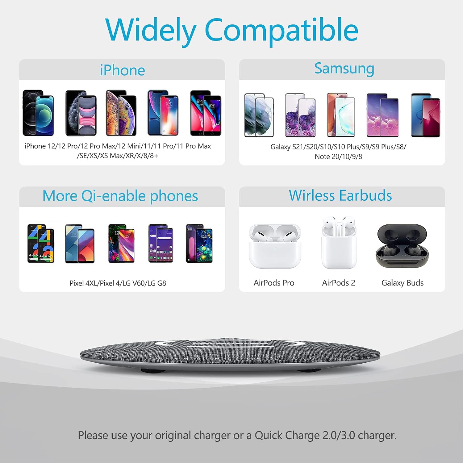 Flat Fabric Wireless Charger, 15W Super Slim Universal Wireless Charging Pad for iPhone 14/13/12/11/XR/X/8, Android Wireless Charger for Galaxy S21/S20 Ultra/S10/Note 10, Pixel 5/4 XL (No AC Adapter)