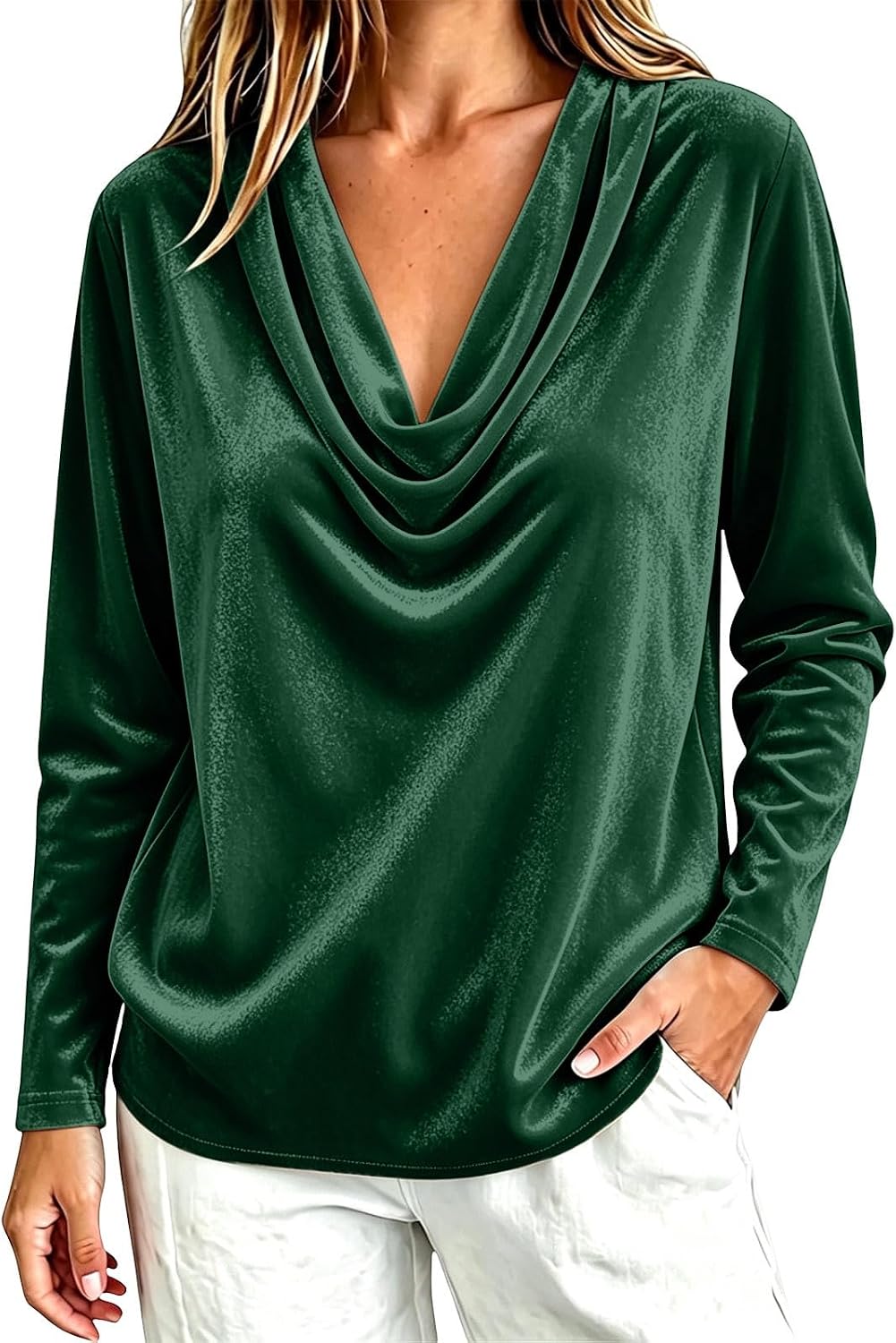 Women's Velvet Cowl Neck Tunic Top Long Sleeve Elegant Loose Blouse