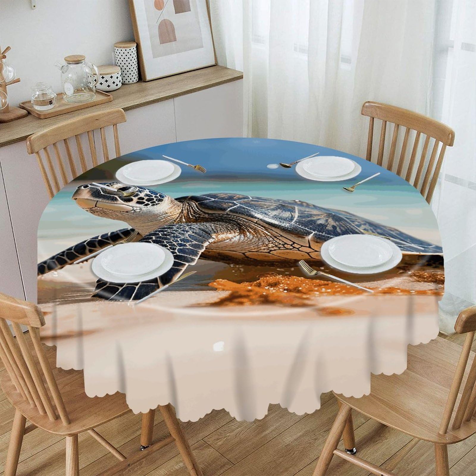 Adfgyerh Style Sea Turtle On The Beach Table Cloth Easy To Clean, Home Decor Lace Design, Soft And Comfortable, Round Tablecloth Suitable For Homes, Restaurants, Hotels, Patio Tables, Etc.