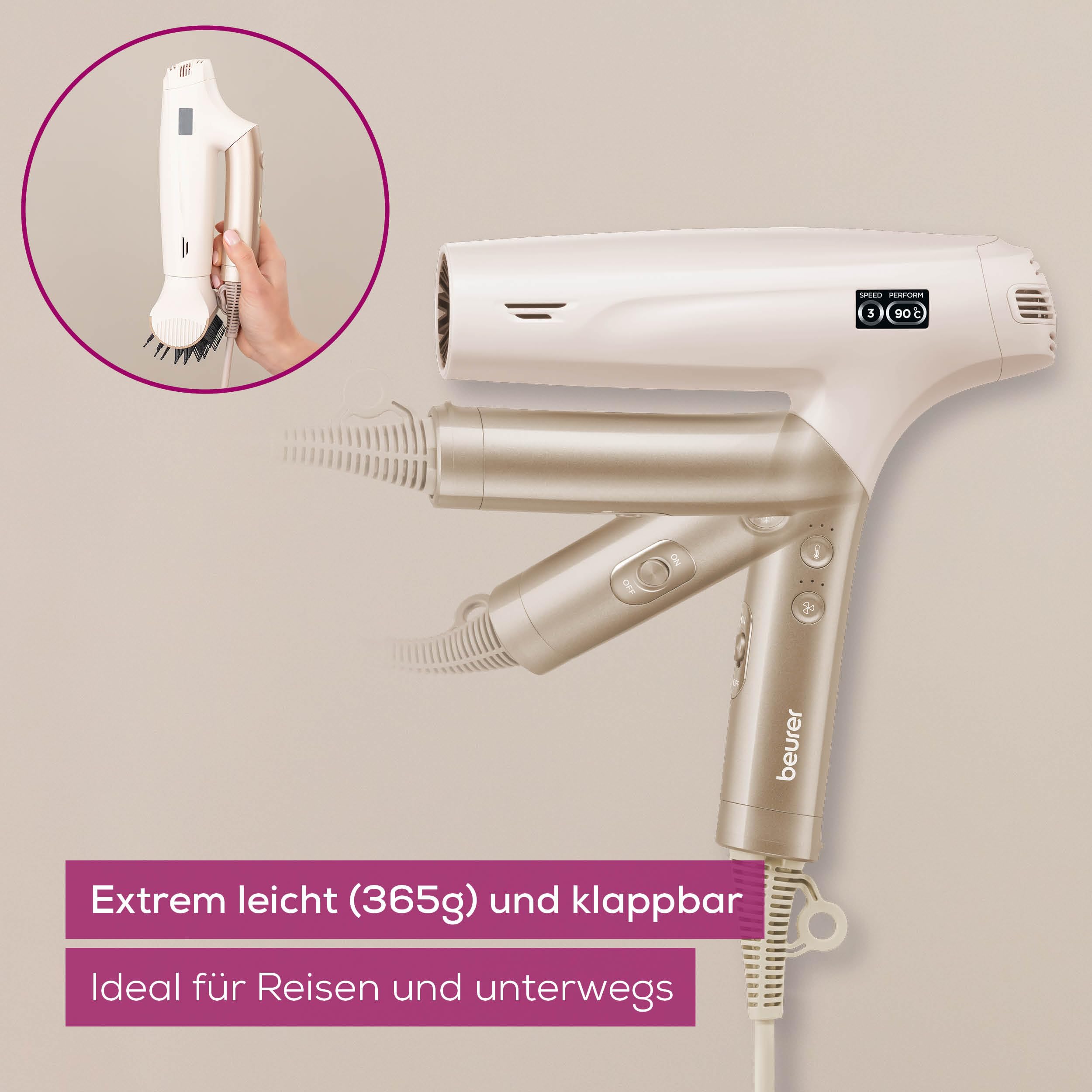 Beurer HC 150 FusionDry Pro Haartrockner, ultraleichter Föhn mit kraftvollem Digitalmotor, ergonomischer Klappgriff ideal für Reisen, Ionenfunktion für glänzendes Haar, inkl. 4 Styling-Aufsätzen