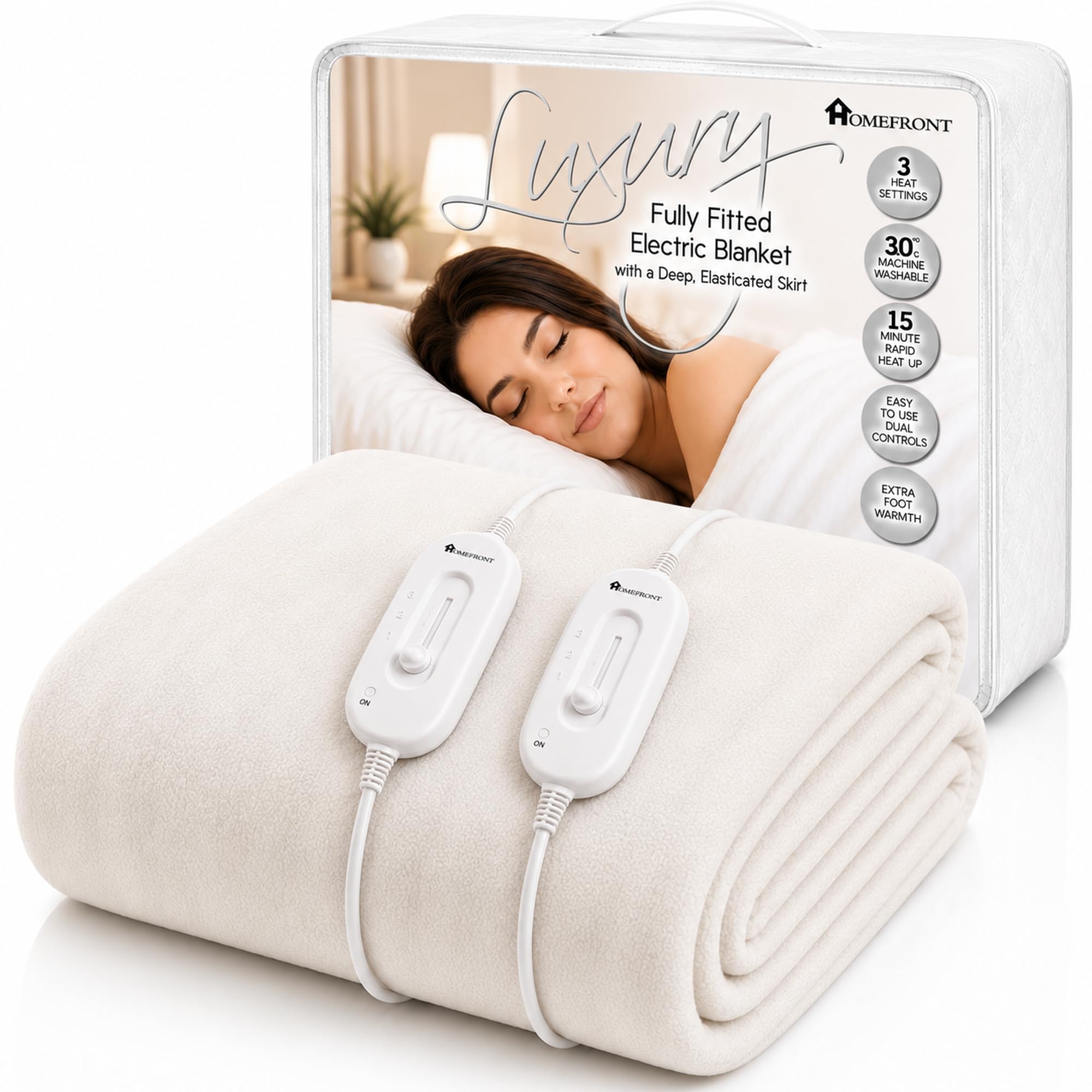 Homefront Electric Blanket King Size Dual Control 203 x 152 x 40 Centimetres, Premium Fitted Heated Mattress Cover, Underblanket, Elasticated Skirt, Overheat Protection, Fast Heat Up, Machine Washable