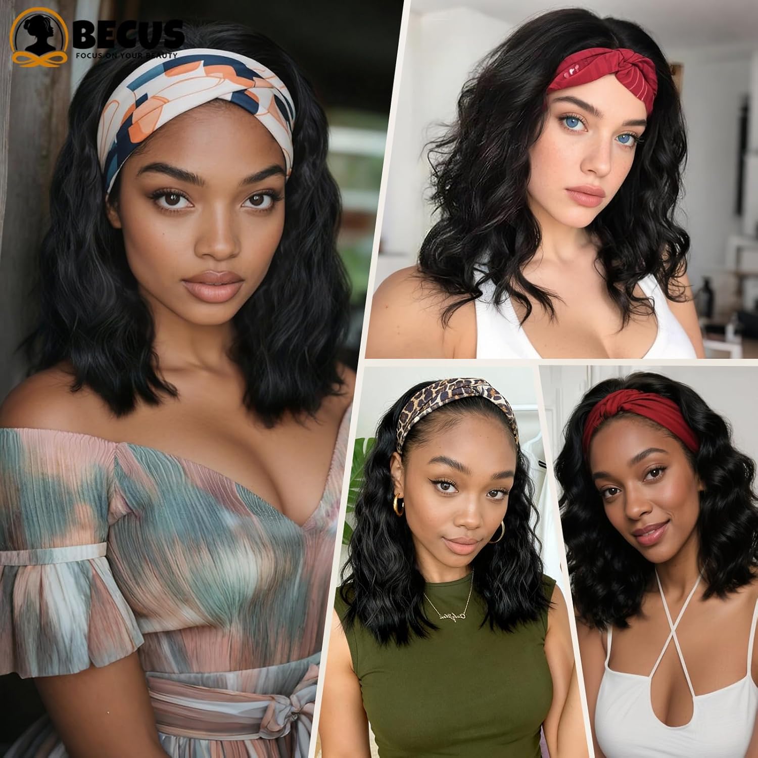 BECUS Headband Wig for Black Women Wigs, Shoulder-Length, Body Wave Half Wig, Synthetic Hair Wigs Daily & Party Use(14"-Black)