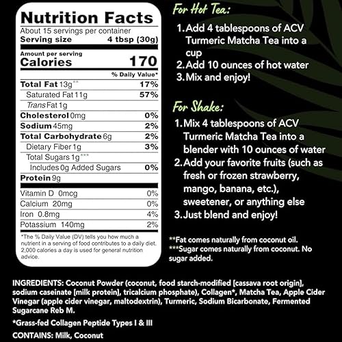 Miniatura 6 de CAcafe Té matcha de cúrcuma con vinagre de sidra de manzana, 0.03 oz de azúcar añadido, 0.23 onzas de proteína, mezcla de superalimentos de ACV,