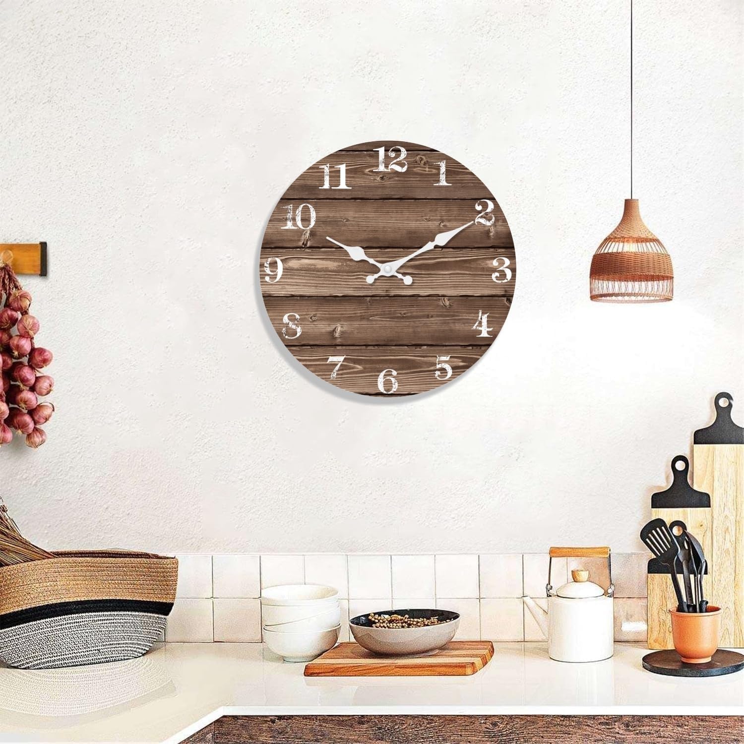 xfm large farmhouse wall clock battery operated 16 inch brown wood wall clock silent non ticking rustic wooden wall clocks for kitchen living room bedroom decor 16 inch brown1