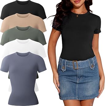 5 Pack Women's Short Sleeve T-Shirts Crew Neck Shirts for Women Casual Basic Fitted Stretchy Tee Tops