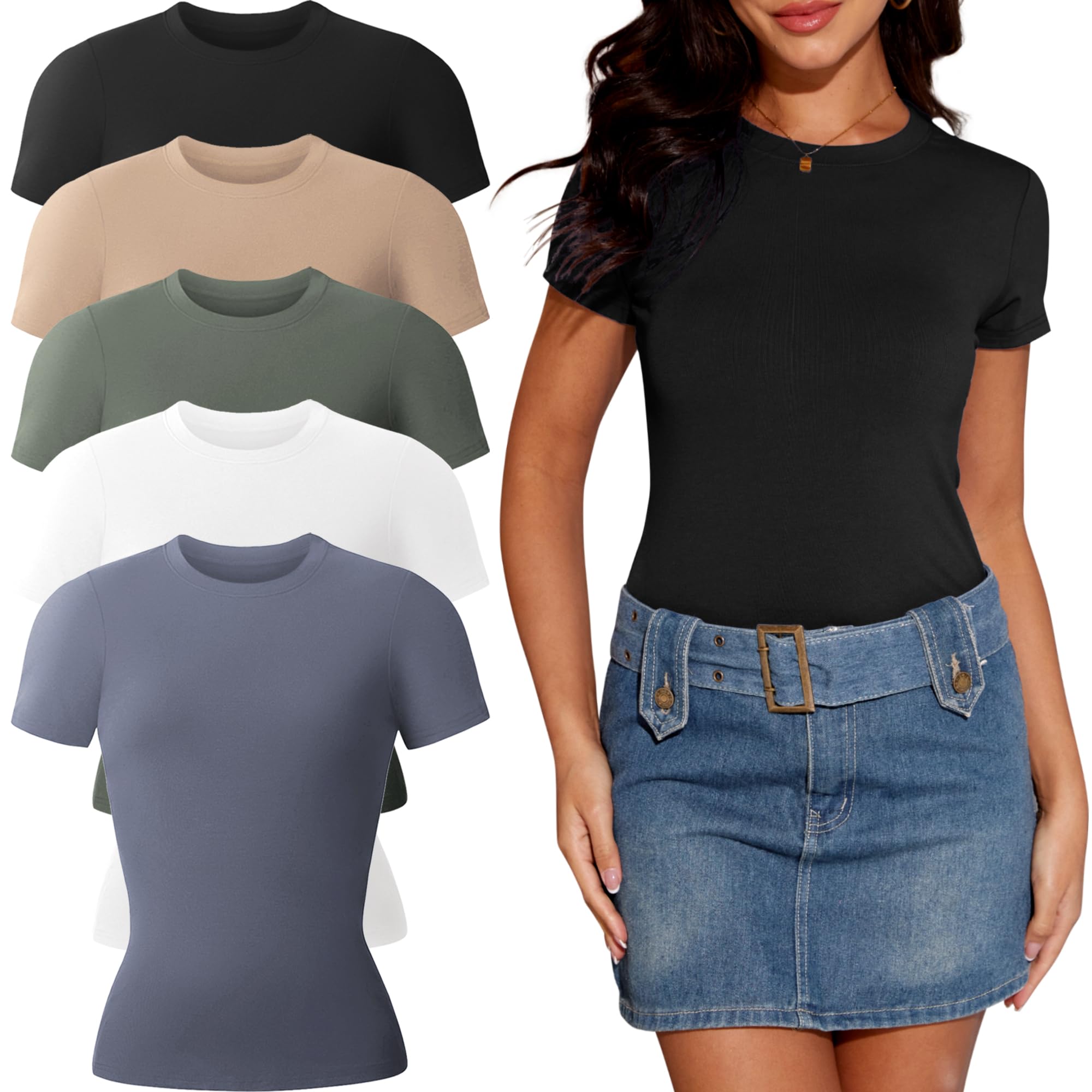 T-Shirt Femme Manches Courtes Haut Basic Tops Casual 5Pcs | Viscose,élastique,doux & respirant.Moulant,col rond,lavable en machine.Pour Pilates,danse,rendez-vous & quotidien