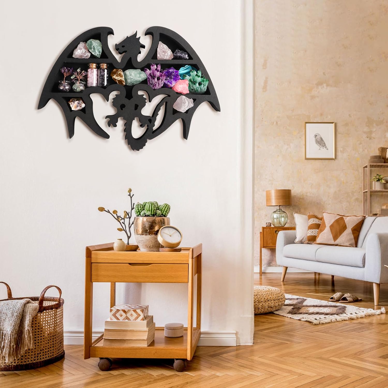 Wooden Floating Shelf Dragon Design Unique Room Decor Crystal & Rock Display Shelf, Floating Wall Shelves with Dragon Design for Rocks, Crystals, Oils, Stones, Plants 14x9.4inch