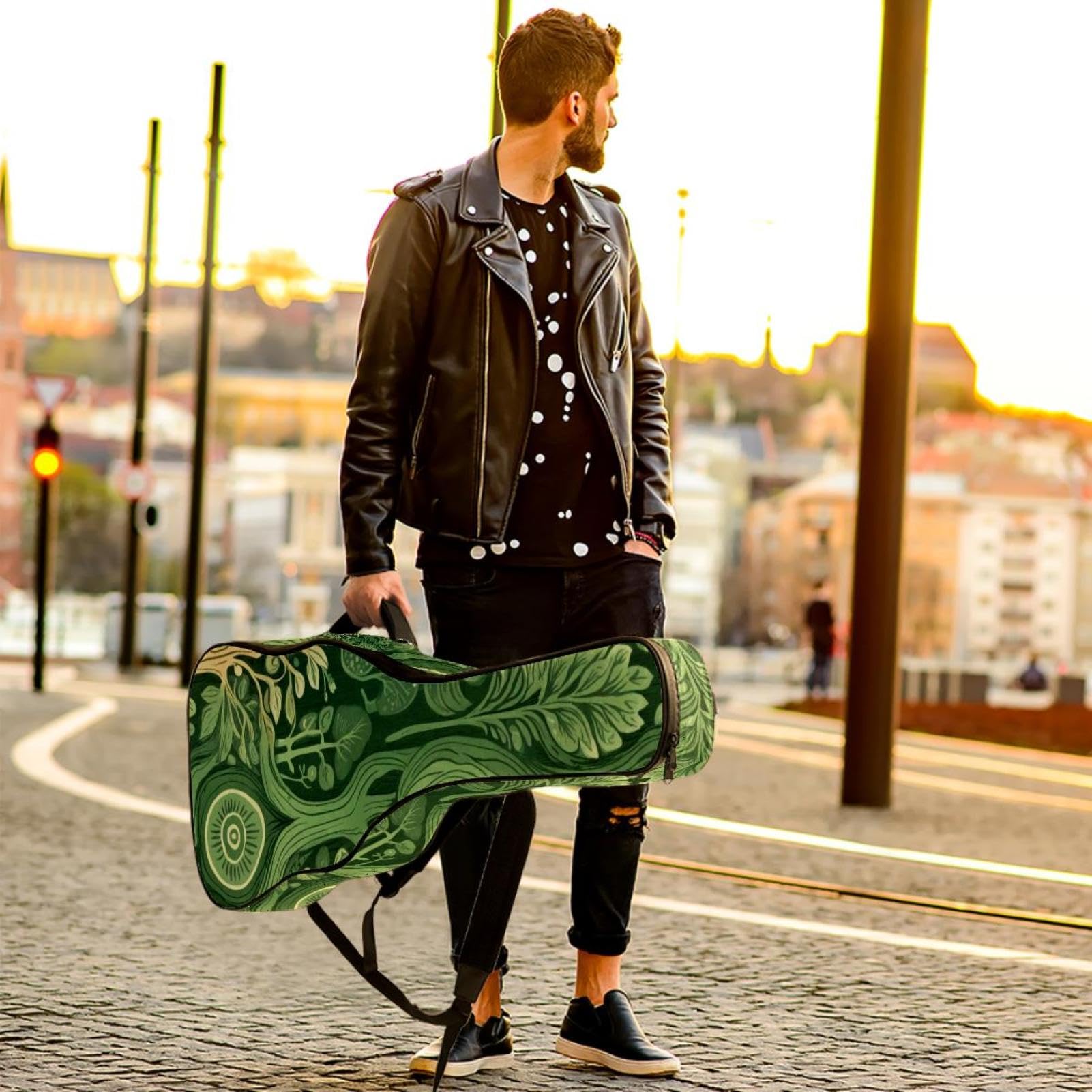 Art Green Wood Print Akustikgitarrentasche mit verstellbarem Schultergurt, Gitarrentasche mit Rückenaufhänger, geeignet für E-Gitarren, Bassgitarren, klassische Gitarren, Ukulele, Künstlicher grüner
