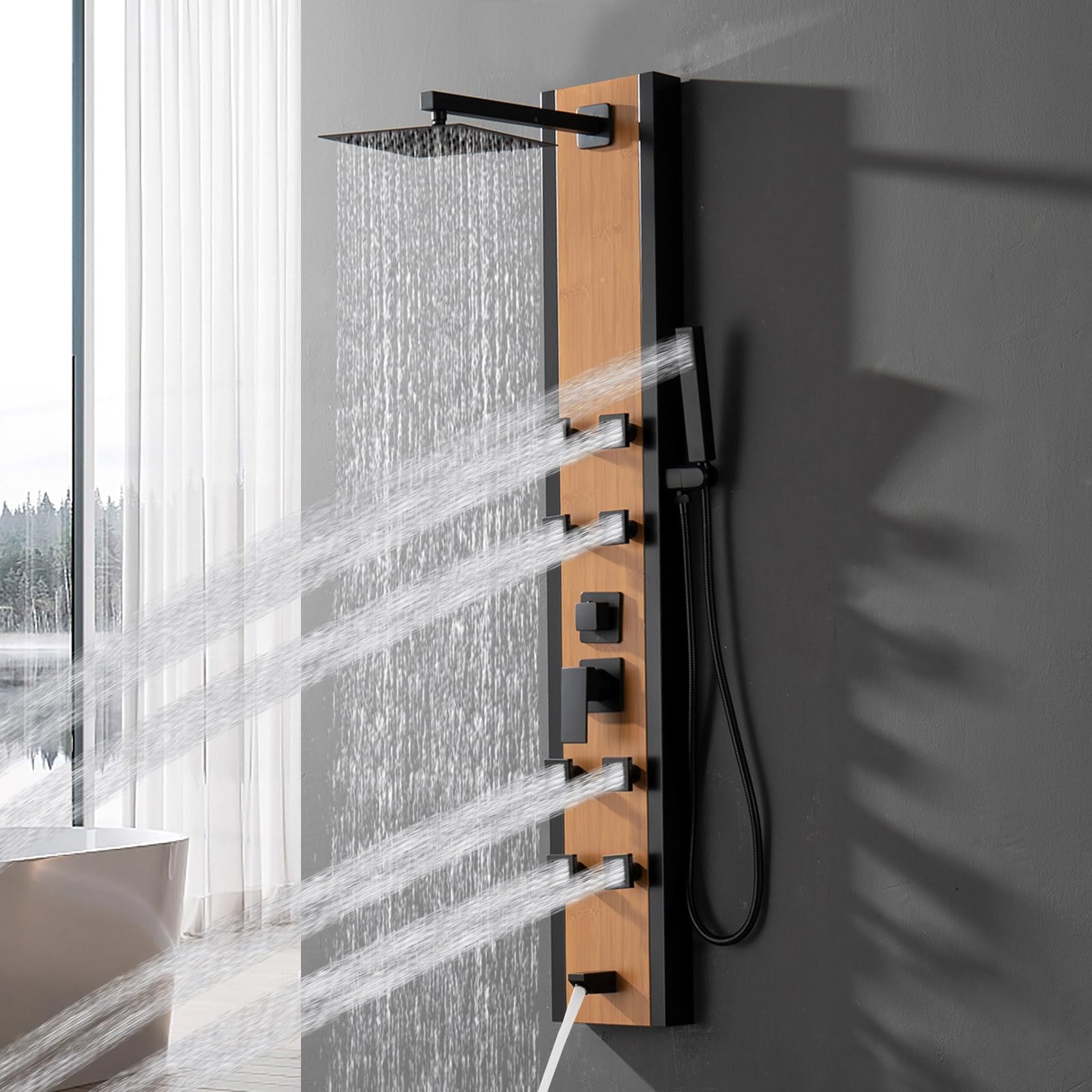 バス・洗面所用品 habiller Premium Bubble Shower Bathfinesse Shower Tower Shower Wall Panels Bamboo Wood and