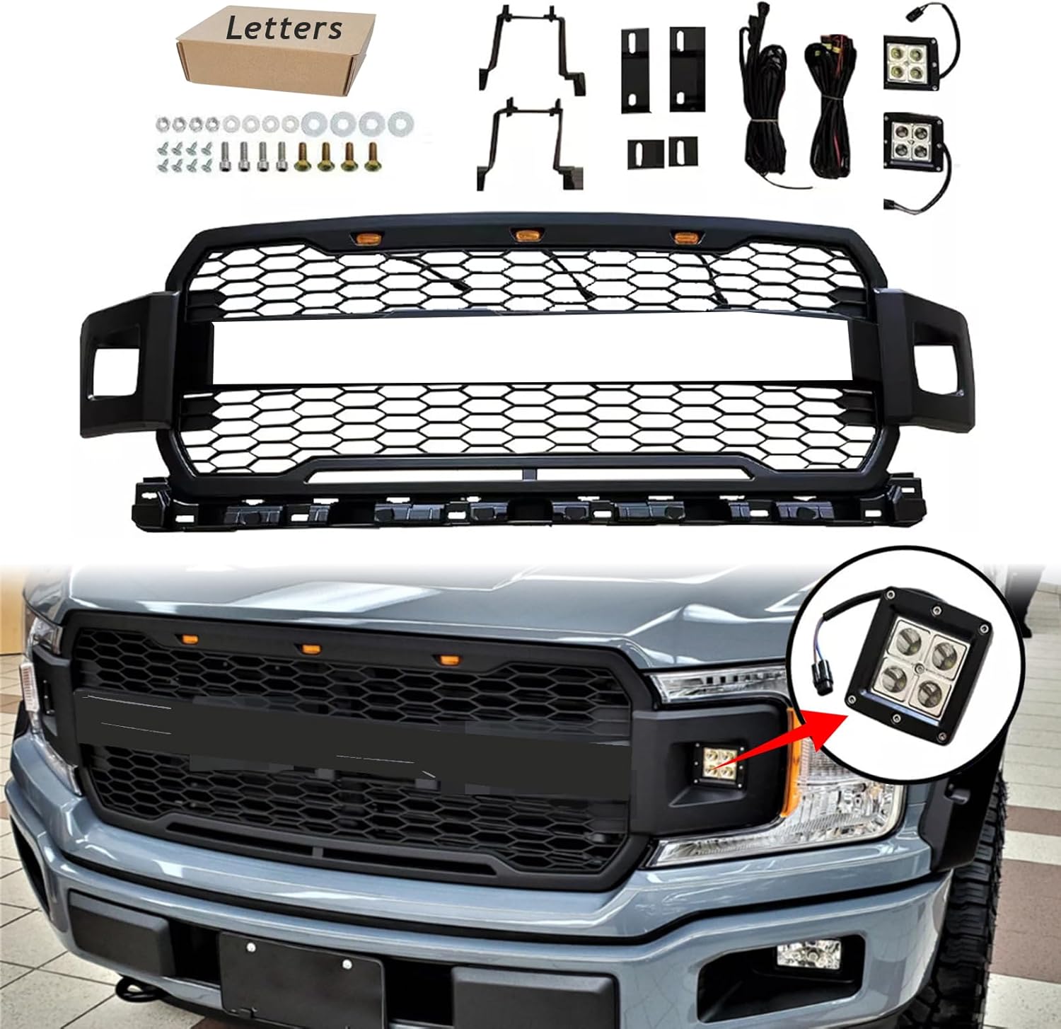 Bewild Front Bumper Grille Grill With Side Lights Fit For 2018 2019 2020 Ford F150 F-150 Pickup Front Mesh Grille Replacement