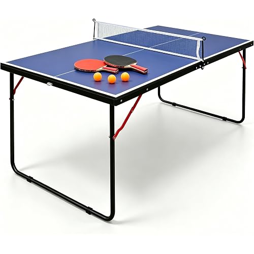 RAKON Foldable Table Tennis Table Portable Ping Pong Table with Net 2 Paddles,3 Balls,Portable Ping Pong Family Game Tables for Outdoor Indoor Use, Blue
