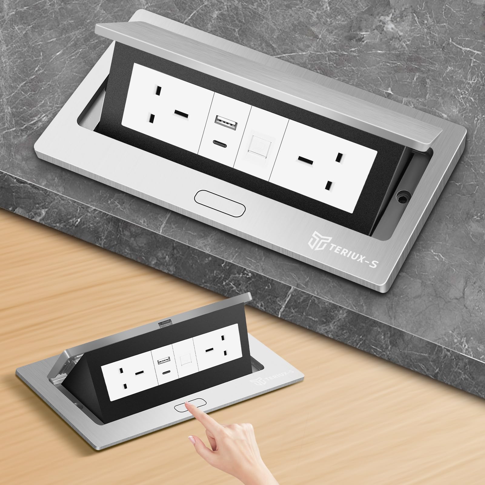 Recessed Desktop Power Socket with 2 UK Outlets, 1 RJ45, USB-A & Type-C Ports, Hidden pop-up design with brushed aluminium cover, perfect for modern kitchens, offices, and meeting tables. (Silver)