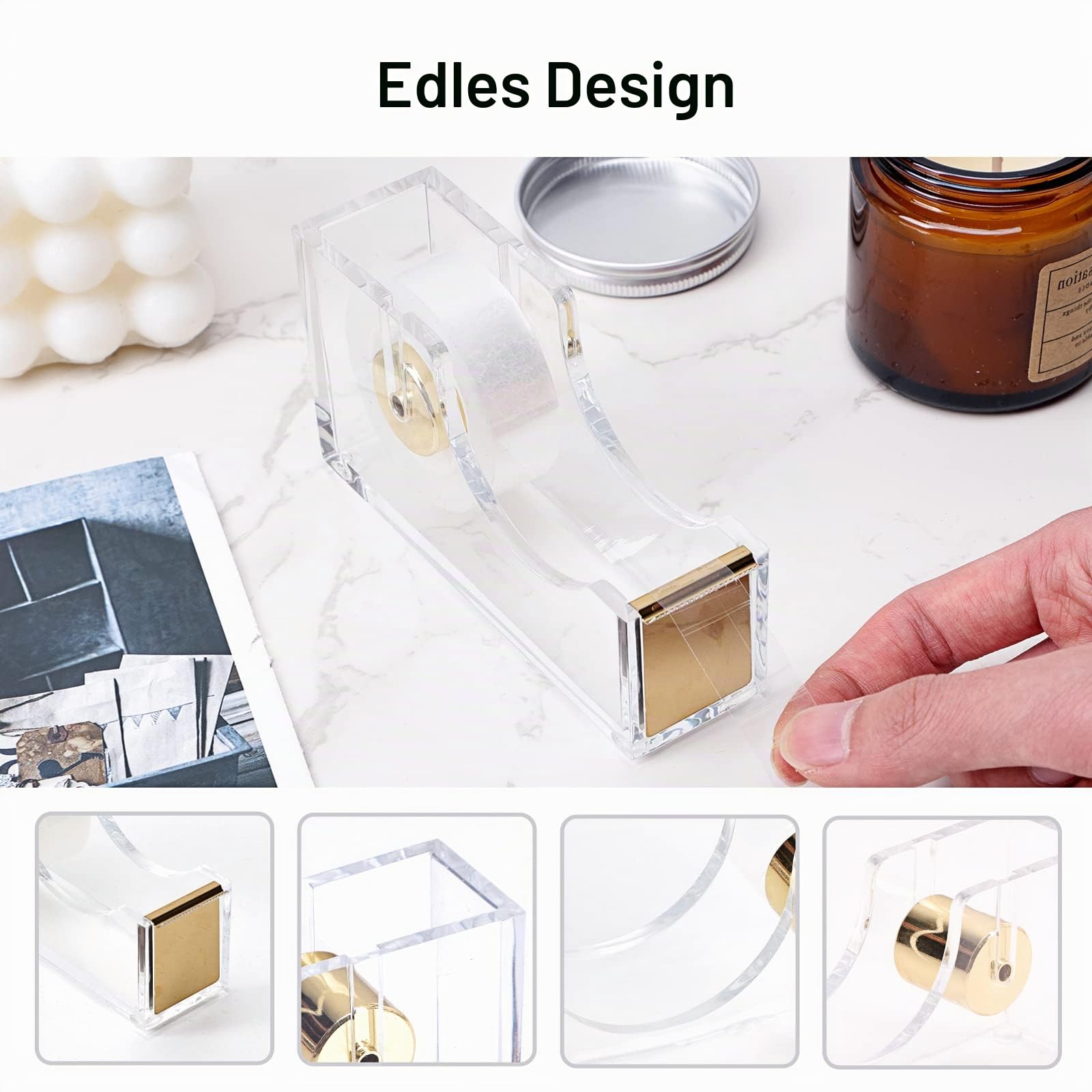 EOOUT Gold Office Supplies Set Schreibtischzubehör, Acryl Heftgerät Set Heftklammerentferner, Telefonhalter, Klebebandhalter, Stifthalter, Lineal, transparenter Kleber und Heftklammern.