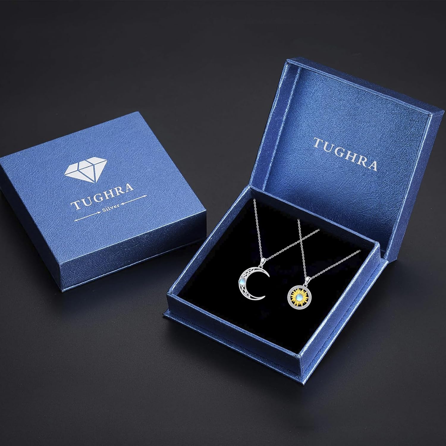 TUGHRA Christmas Gifts for Her Him, Sun and Moon Couples Necklace Matching for 2 925 Sterling Silver BFF Necklaces Set Dainty Friendship Jewelry Gifts Couple Pendant 2 PCS