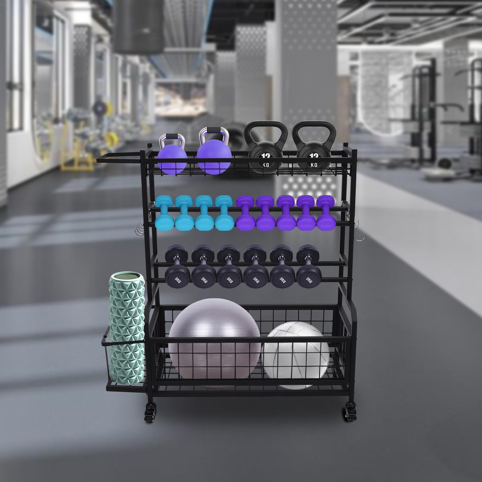 Rack fitness con ruote, robusto e durevole, facile da spostare e fissare, forte capacità di trasporto, adatto per palestra, yoga, aula, sala attività, centro commerciale