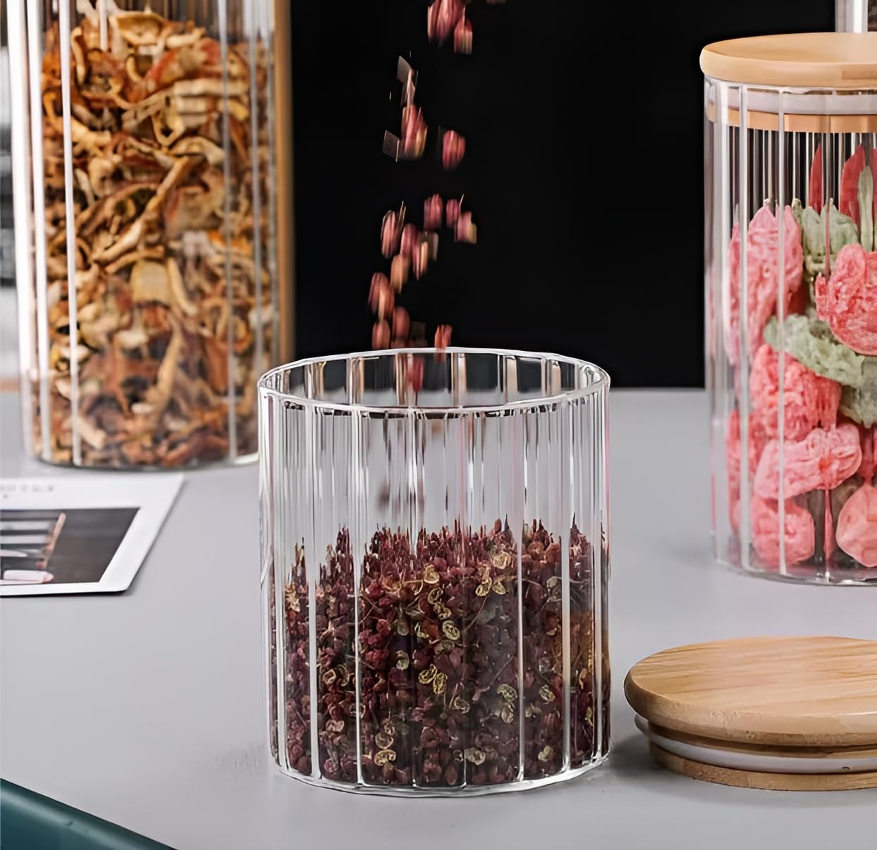 Dancing Panda 'Fluted Glass' Canister with Natural Bamboo Lid (Single, 500 ml) | Containers for Spices Spice Glass Jars for Kitchen Storage Mini Glass Jar Storage Container for Kitchen-image-29