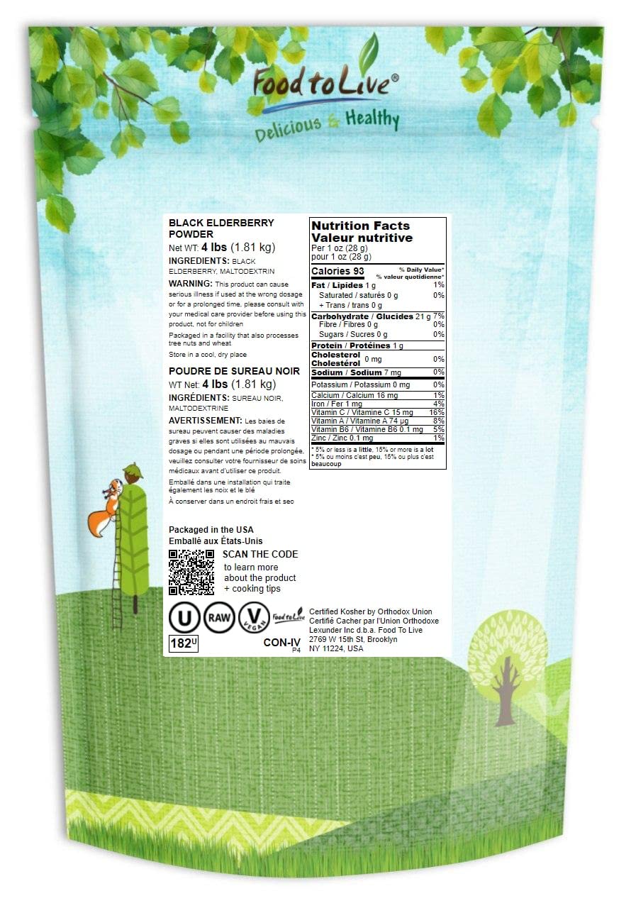 Food to Live Black Elderberry Juice Powder, 4 Pounds - Raw Dried Berries, Unsulfured, Vegan, Bulk, For Baking, Juices, Smoothies, Yogurts, Instant Breakfast Drinks, No Sulphites, Contains Maltodextrin