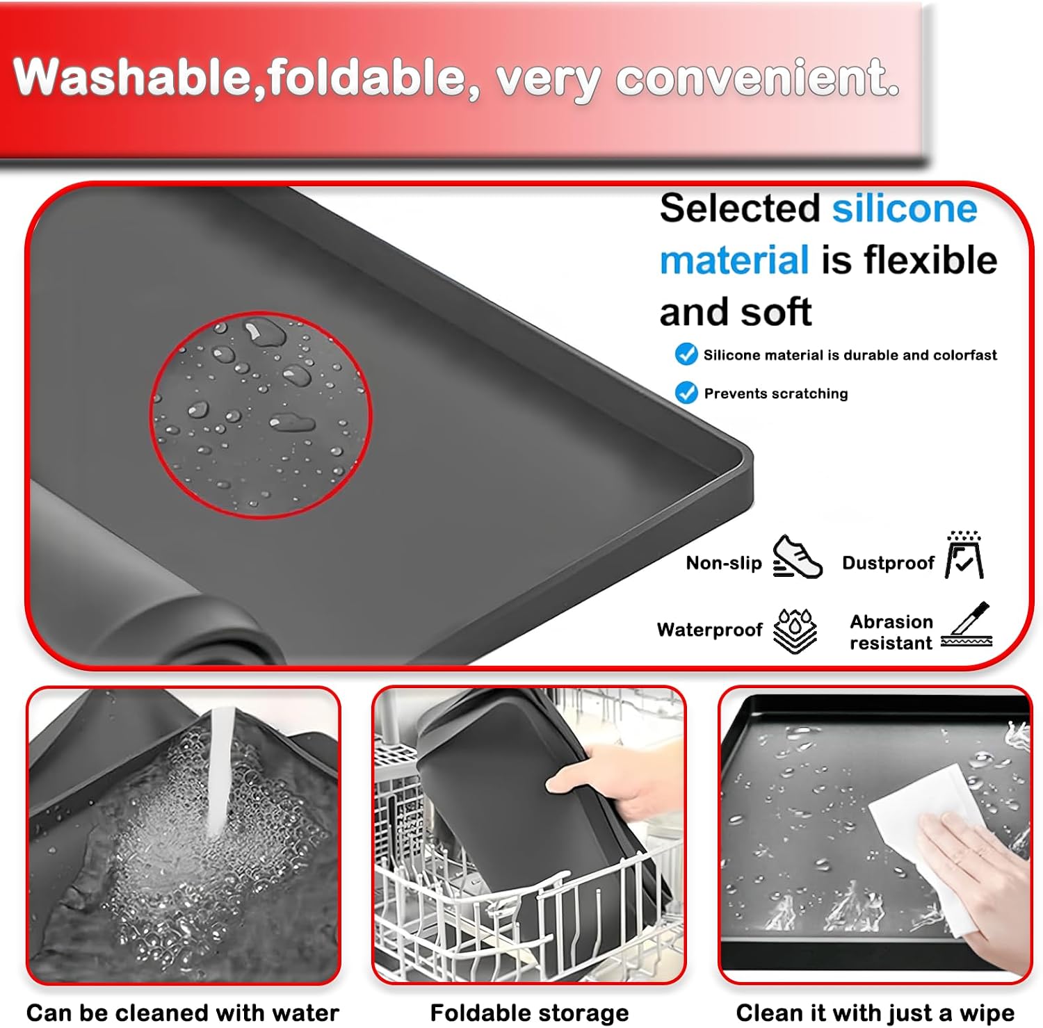 Washer Drain Pan 27×27inch Silicone Mat, Multi-function Non Slip Washer Drip Tray, With Raised Edge Washing Machine Silicone Mat, Soft Foldable Portable Waterproof Pad（Grey）