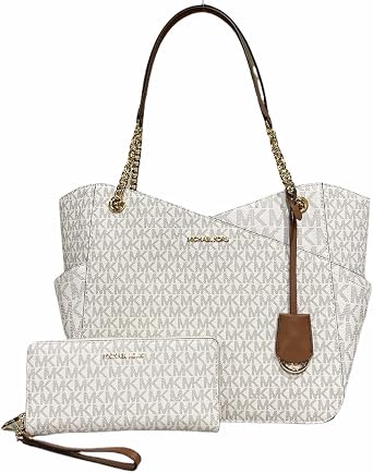 Michael Kors Jet Set Travel Large Chain Shoulder Tote Vanilla MK Signature Logo Bundle Michael Kors Jet Set Travel Continental Wristlet Vanilla Signature MK, Gold, Large Tote Bag