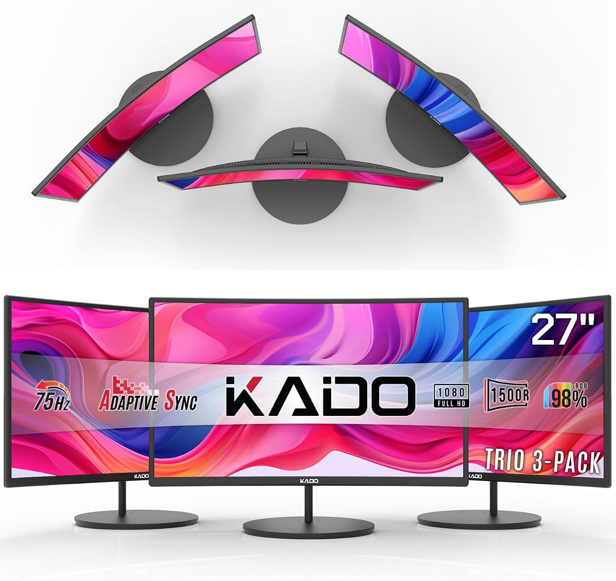 Kado 3-Pack Trio 27" Curved 1500R 1920x1080 75Hz FHD Computer Monitor | Triple Monitor Setup HDMI Office Gaming Hybrid, VESA Wall Mount Arm Mount Built-in Speakers, Panoramic Display Multi-tasking