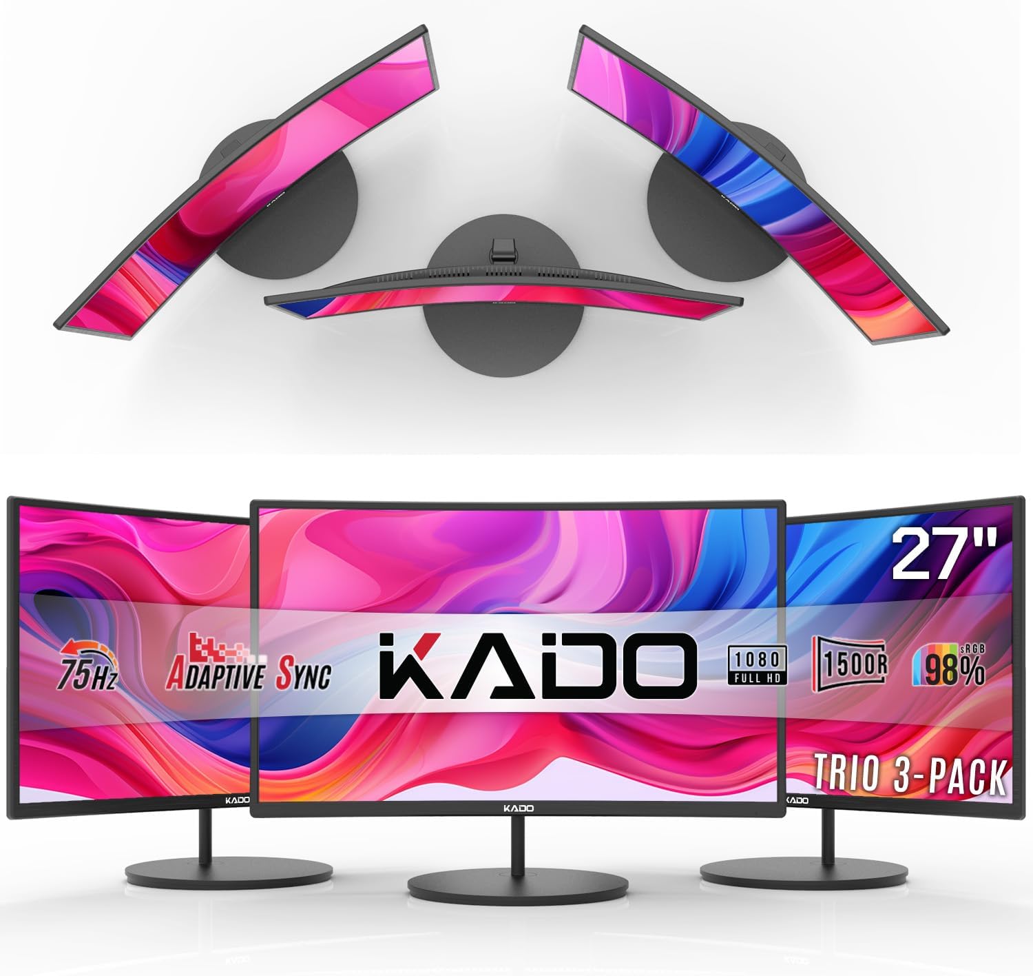 Kado Triple Monitor Setup - 3-Pack 27" 1920x1080 Curved Computer Monitor 1500R 75Hz VESA Mount HDMI Office Gaming Hybrid Sim Racing Built-in Speakers (C27 Trio Series)