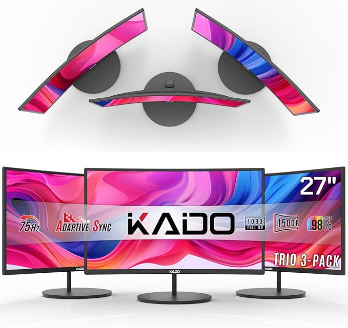 Kado Triple Monitor Setup - 3-Pack 27" 1920x1080 Curved Computer Monitor 1500R 75Hz VESA Mount HDMI Office Gaming Hybrid Sim Racing Built-in Speakers (C27 Trio Series)