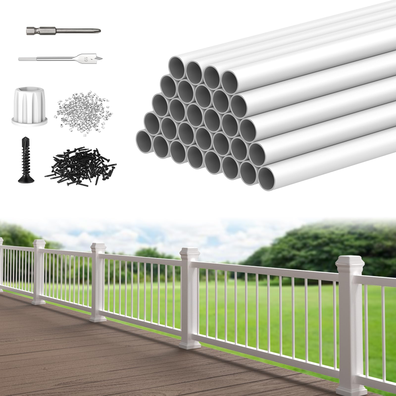 Photo 1 of CKE 30 Pack 26" White Round Aluminum Balusters, White Aluminum Spindles with Screws& Conectors for Indoor Outdoor, 3/4" Diameter Hollow Deck Round Balusters for Wood and Composite Deck Balusters