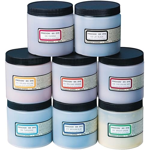 Procion Cold Water Dye Powder, 8-Color Assortment, 8-oz. Bulk Jars, for Tie-Dye, Batik, Ice Dyeing, Non-Toxic. Pack of 8.