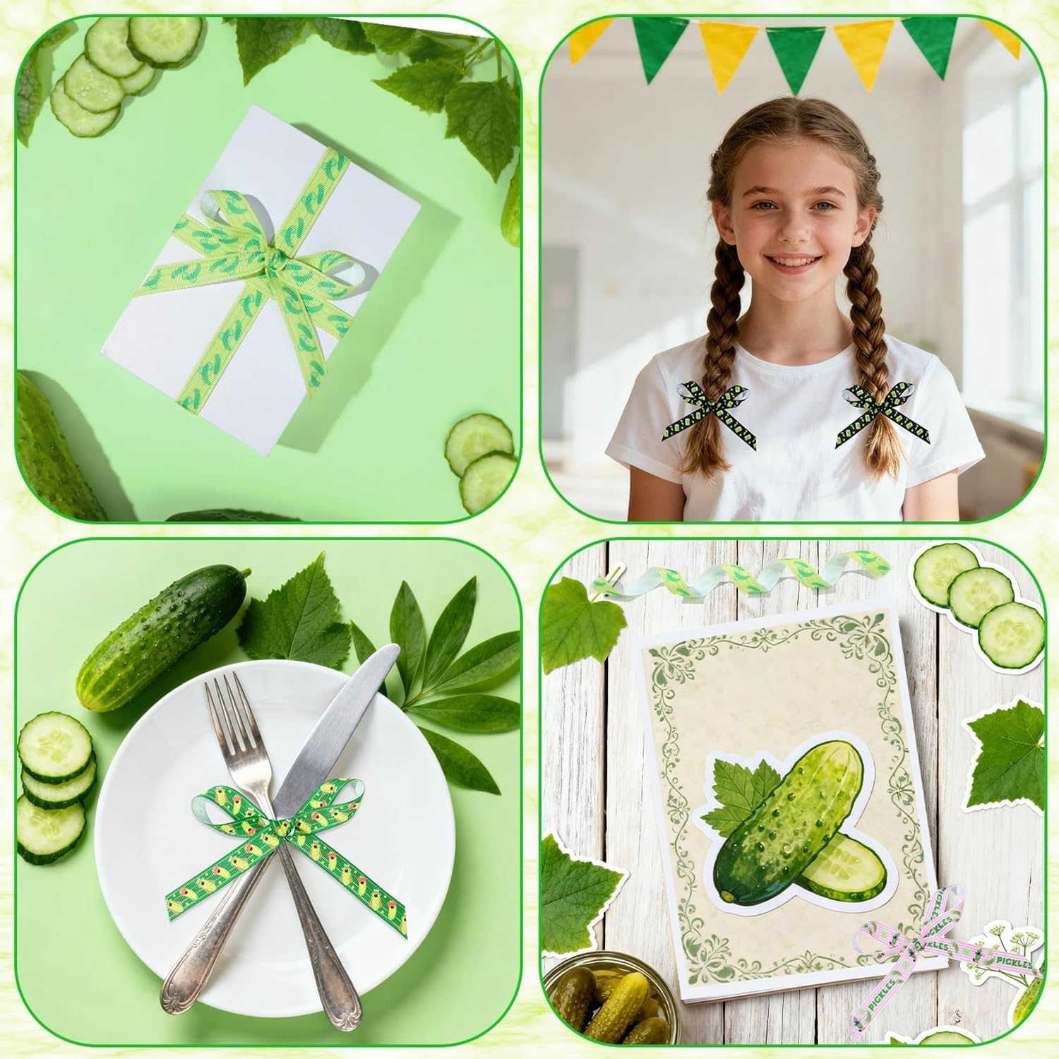 4 Rolls Pickles Ribbons, 5/8" x 20 Yard Cucumber Printed Grosgrain Ribbon Funny Pickle Party Decorations Green Pink Stripe Pickle Theme Craft Ribbons Kind of A Big Dill Theme Decoration