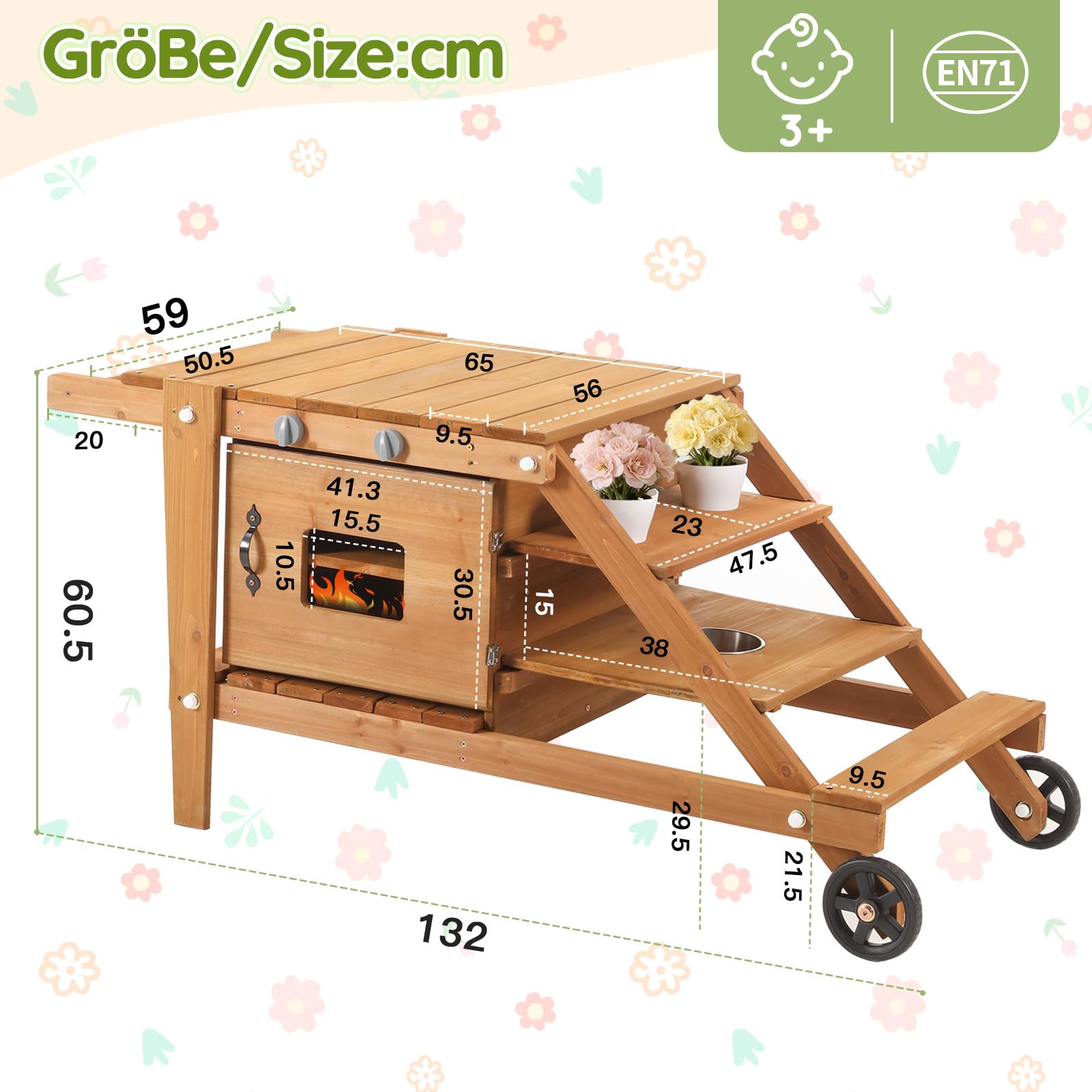 Gecheer Kinderküche Outdoor, Rollen, Zubehör, Holz, ab 3 Jahren, für Garten, Rollenspiel