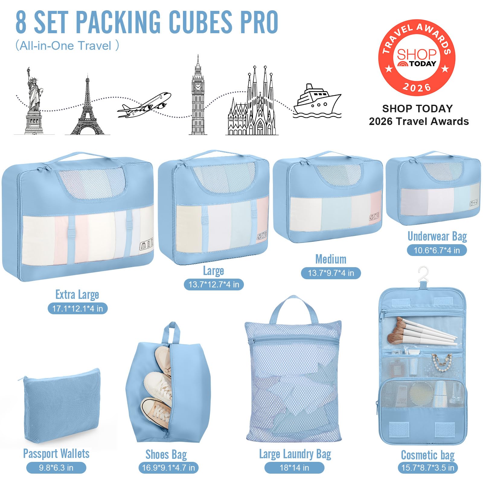 Veken 8 Set Packing Cubes for Travel Essentials,Anti-Wrinkle Buckled Suitcase Organizer for Shoe & Toiletry Bag,Carry On Luggage Bag with 99+ Count Mesh Holes for Airplane & College Dorm Accessories view 2