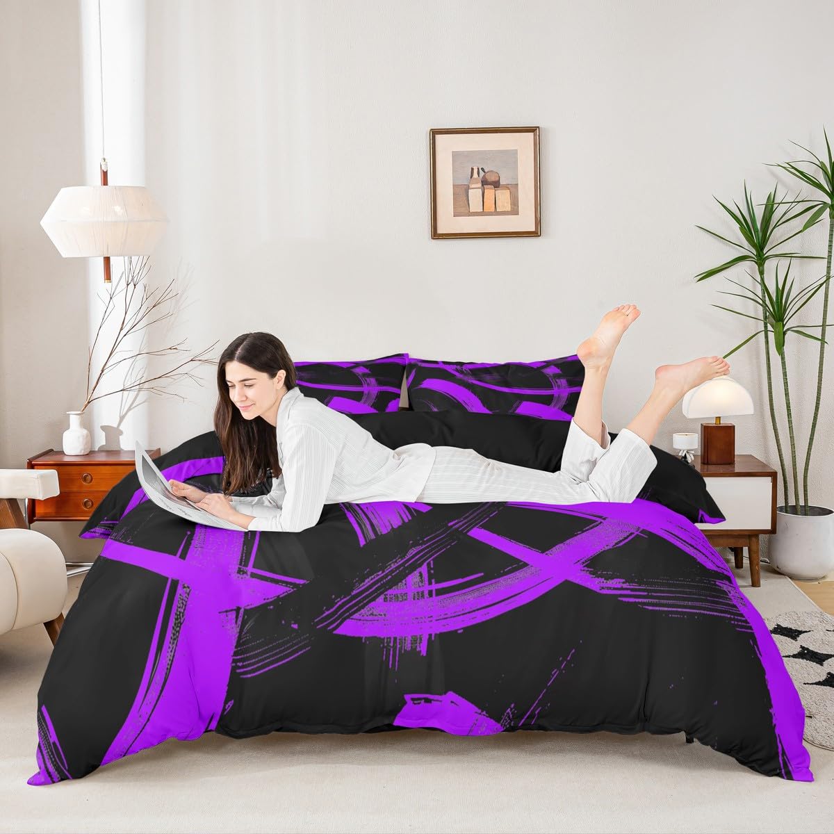 Parure de lit 3 pièces avec housse de couette noire et violette pour très grand lit moderne