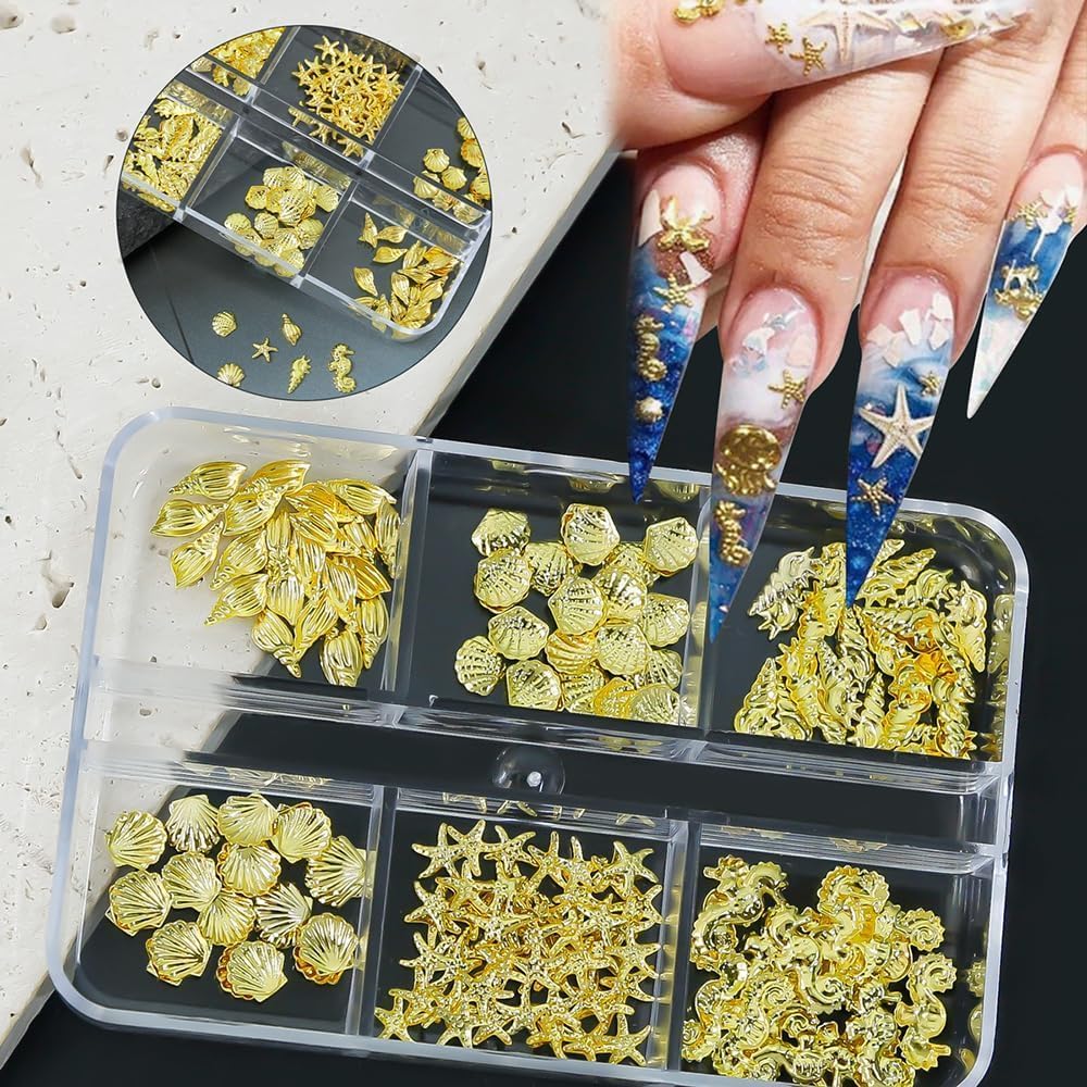 Gold Nail Charms, 2Boxes Gold Star Ocean Nail Gems Charms, Metal Small Star Moon Seashell Starfish Summer Charms for Acrylic Nail Art Alloy Nail Rhinestones for Women DIY Accessories
