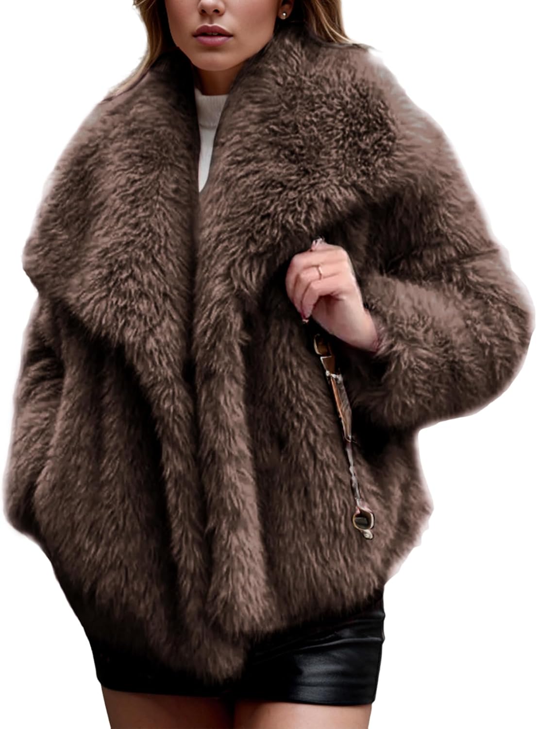 Gihuo Women's Faux Fur Jacket Winter Long Sleeve Fluffy Lapel Furry Shaggy Jacket Coat