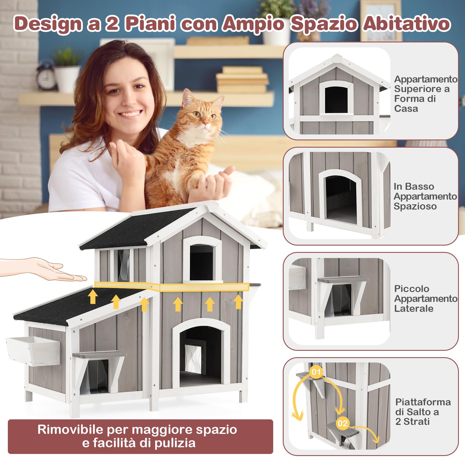 GYMAX Casa per Gatti a 2 Piani, 100 x 64 x 82,5 cm, Casetta Villa Rifugio in Legno con Tetti in Asfalto, Porte di Fuga, Tende e Finestra, per Animali Domestici per Interni ed Esterni, Grigio
