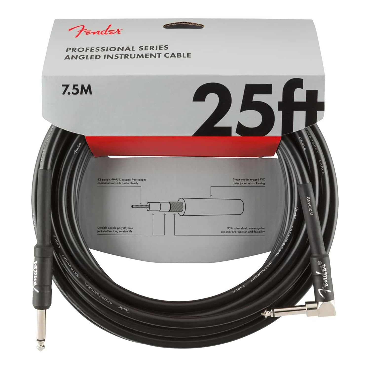 Fender 25-Foot Professional Instrument Cable, Straight-Angle, Black - 1 Pack